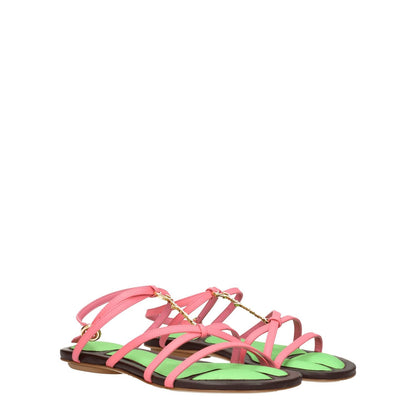 Jacquemus Pink Leather Flat Sandals with gold buckle closure, open toe, casual style, low flat heel, and front logo detailing.