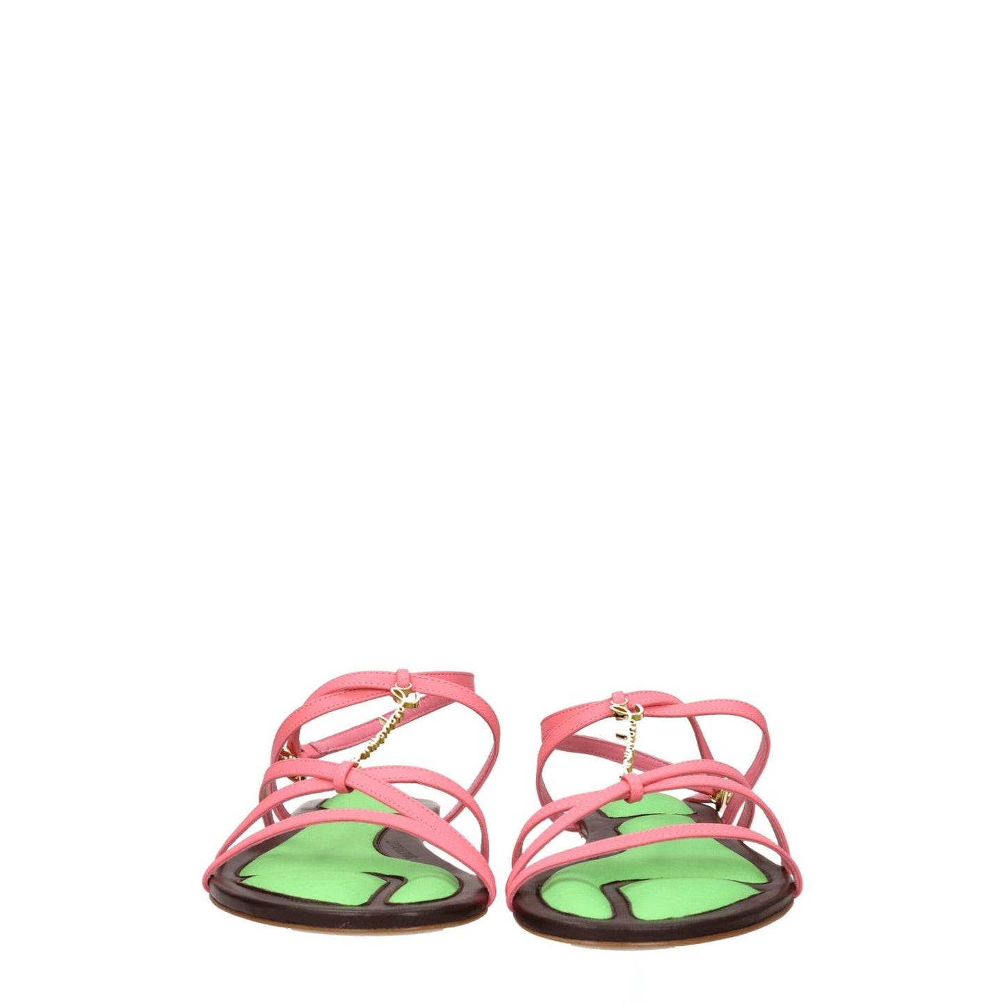 Jacquemus Pink Leather Flat Sandals with buckle closure, gold accents, and open toe design, made from leather, perfect for casual style.