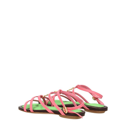 Jacquemus Pink Leather Flat Sandals with buckle closure, open toe, and low heel design, featuring gold details and leather sole.