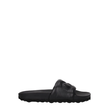 Off-White Black Leather Slippers with front logo, casual style, round toe, rubber sole, model OMIT001LEA0011010, low flat heel.
