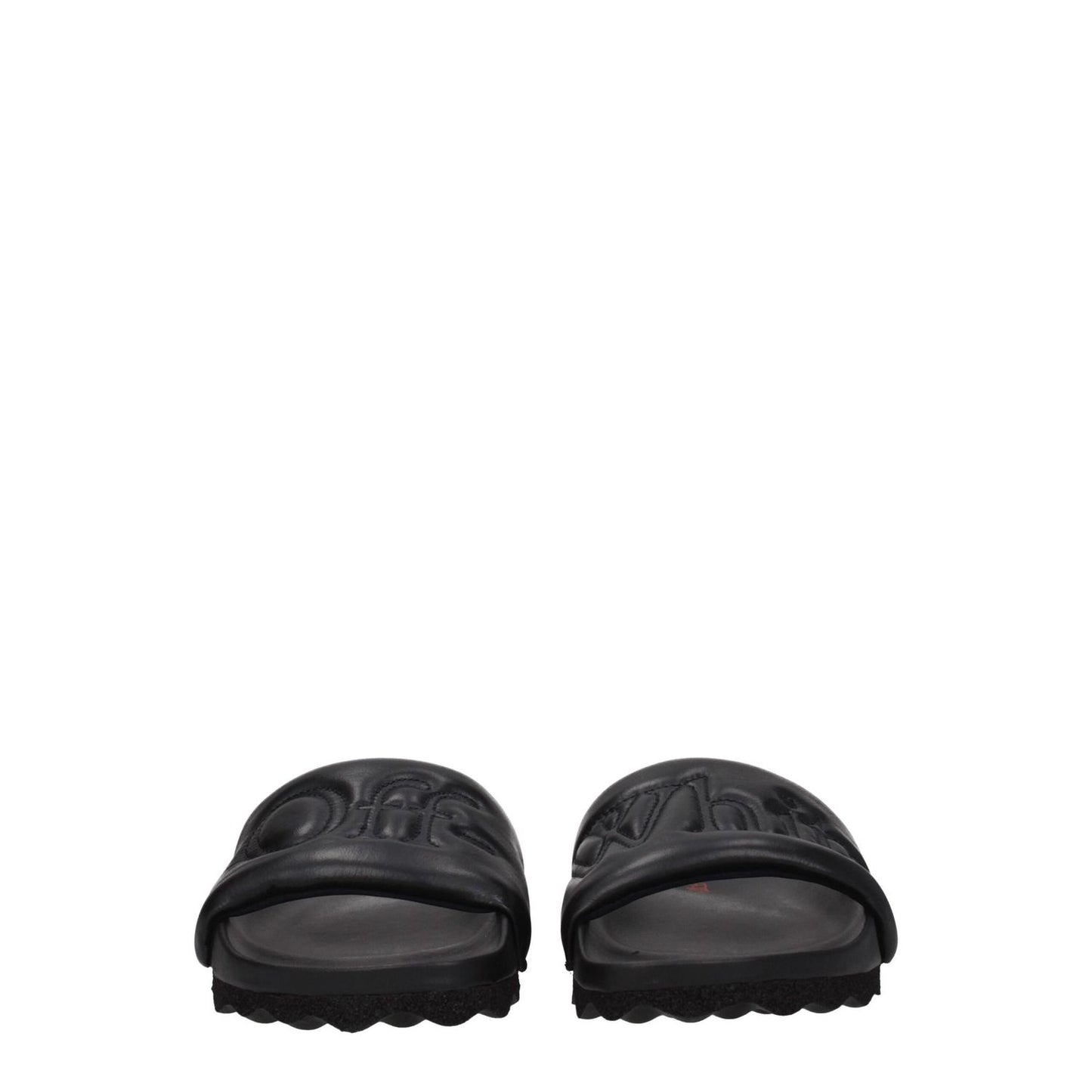 Off-White Black Leather Slippers with front logo, casual style, rubber sole, round toe design. MPN: OMIT001LEA0011010