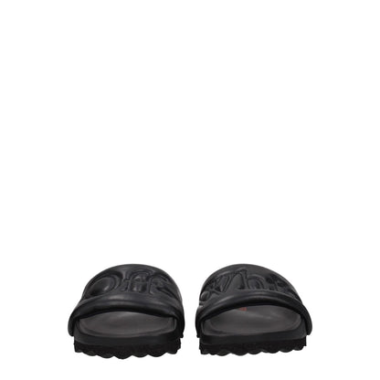 Off-White Black Leather Slippers with front logo, casual style, rubber sole, round toe design. MPN: OMIT001LEA0011010