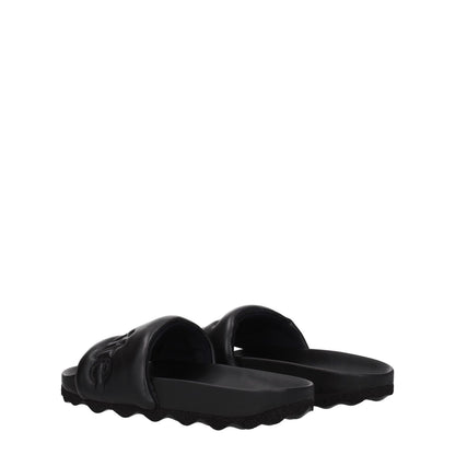 Off-White Black Leather Slippers with logo detail, casual design, rubber sole, and low flat heel, style code OMIT001LEA0011010.