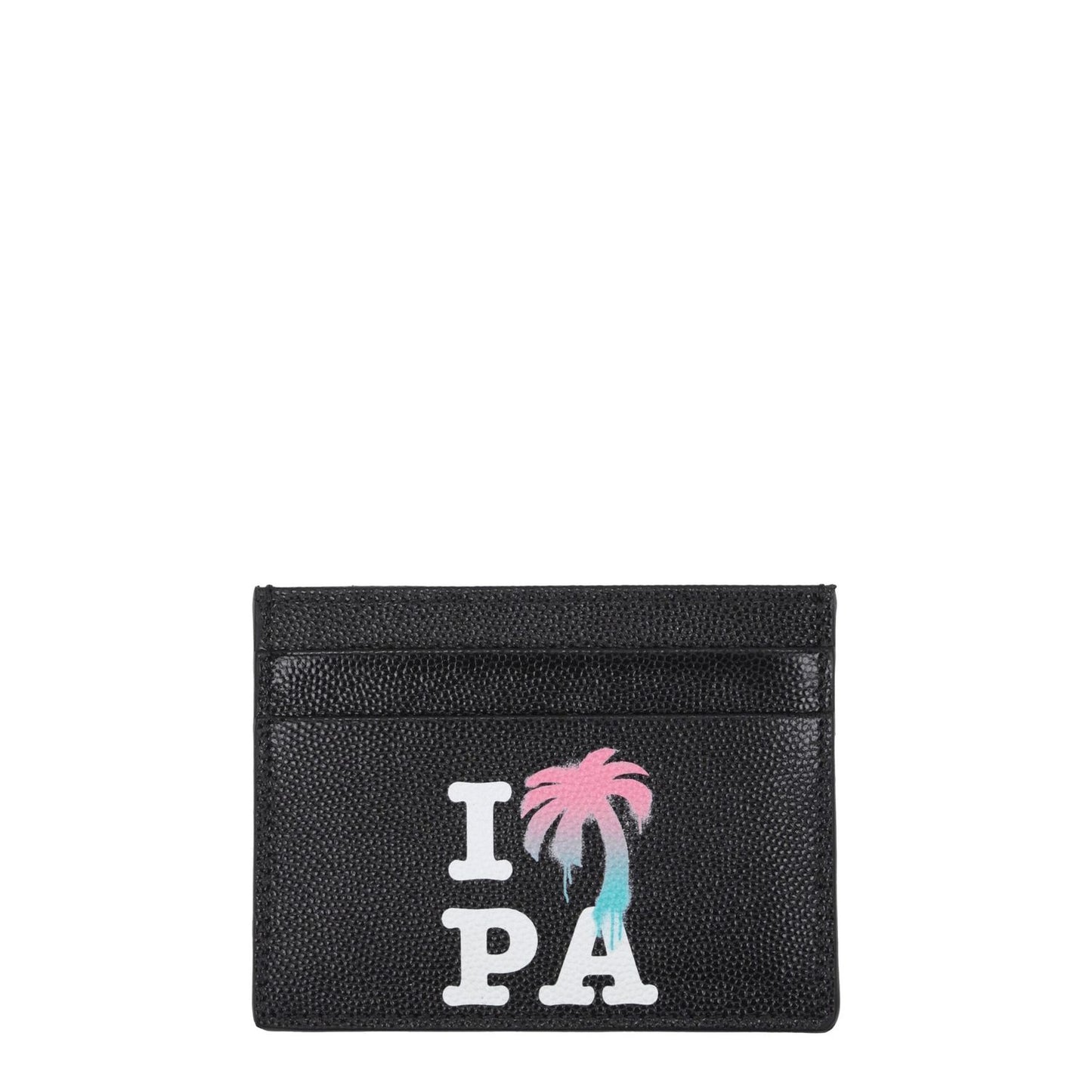 Palm Angels Black Leather Cardholder with front logo, street style design, 5 card slots, and 8x10.5 cm size, MPN PALMAPMND008LEA0011084.
