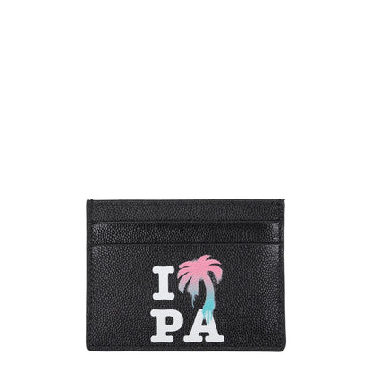 Palm Angels Black Leather Cardholder with front logo, street style design, 5 card slots, and 8x10.5 cm size, MPN PALMAPMND008LEA0011084.