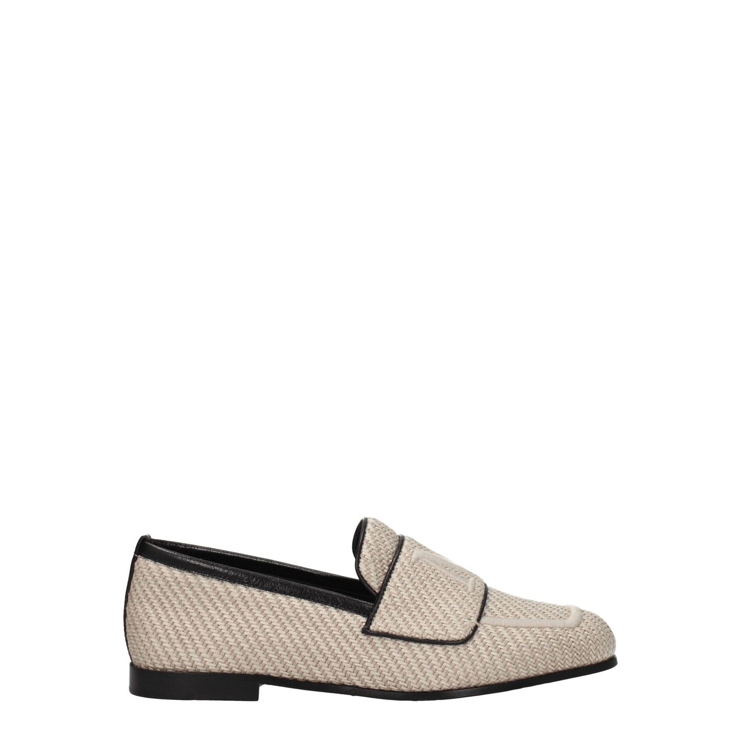 Max Mara Beige Fabric Slip-On Loafers with front logo and leather sole, casual style, round toe, low flat heel, MPN 23452109316007.