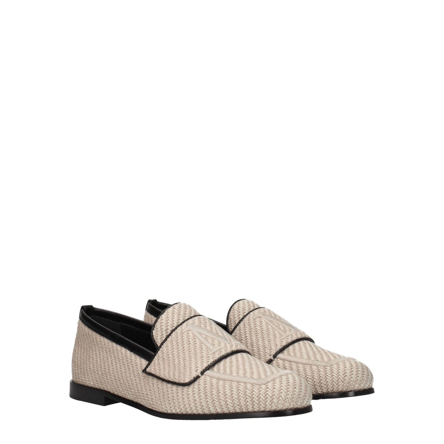 Max Mara Beige Fabric Slip-On Loafers with round toe and leather sole, featuring front logo. Casual style with hot desert accents.