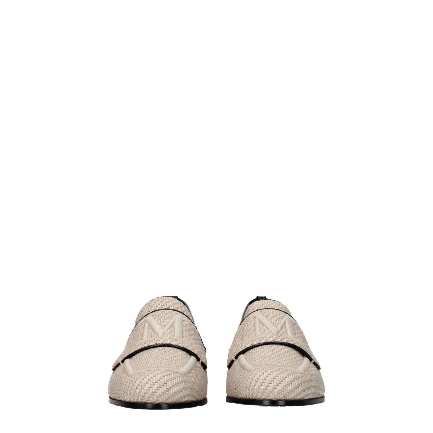 Max Mara Beige Fabric Slip-On Loafers with front logo, round toe, leather sole in hot desert color. Casual style with low flat heel.