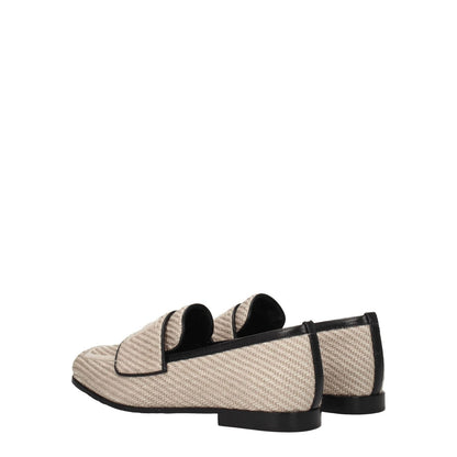Max Mara Beige Fabric Slip-On Loafers with round toe and low flat heel, featuring front logo and leather sole.
