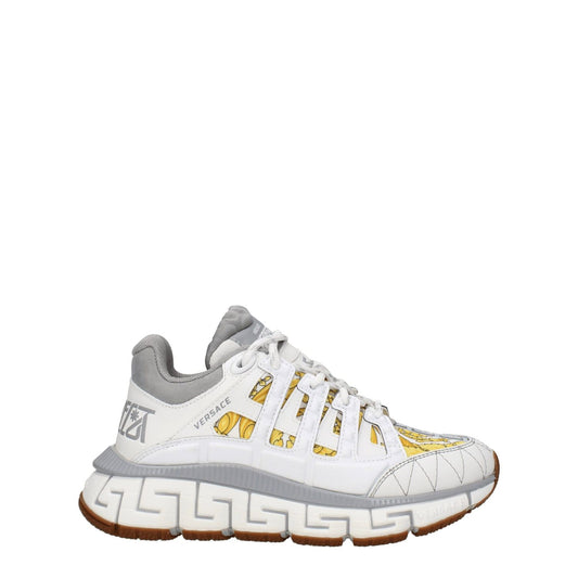 Versace White Fabric Athletic Sneakers with logos, lace-up closure, mid heels, rubber sole, grey accents. MPN 1004182D15TCG6WA70.