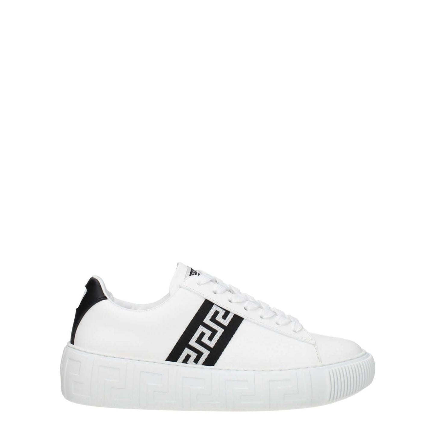 Versace White Leather Low Top Sneakers with logo, lace-up closure, and black detailing. Casual style, rubber sole, round toe.