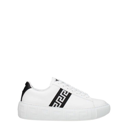 Versace White Leather Low Top Sneakers with logo, lace-up closure, and black detailing. Casual style, rubber sole, round toe.