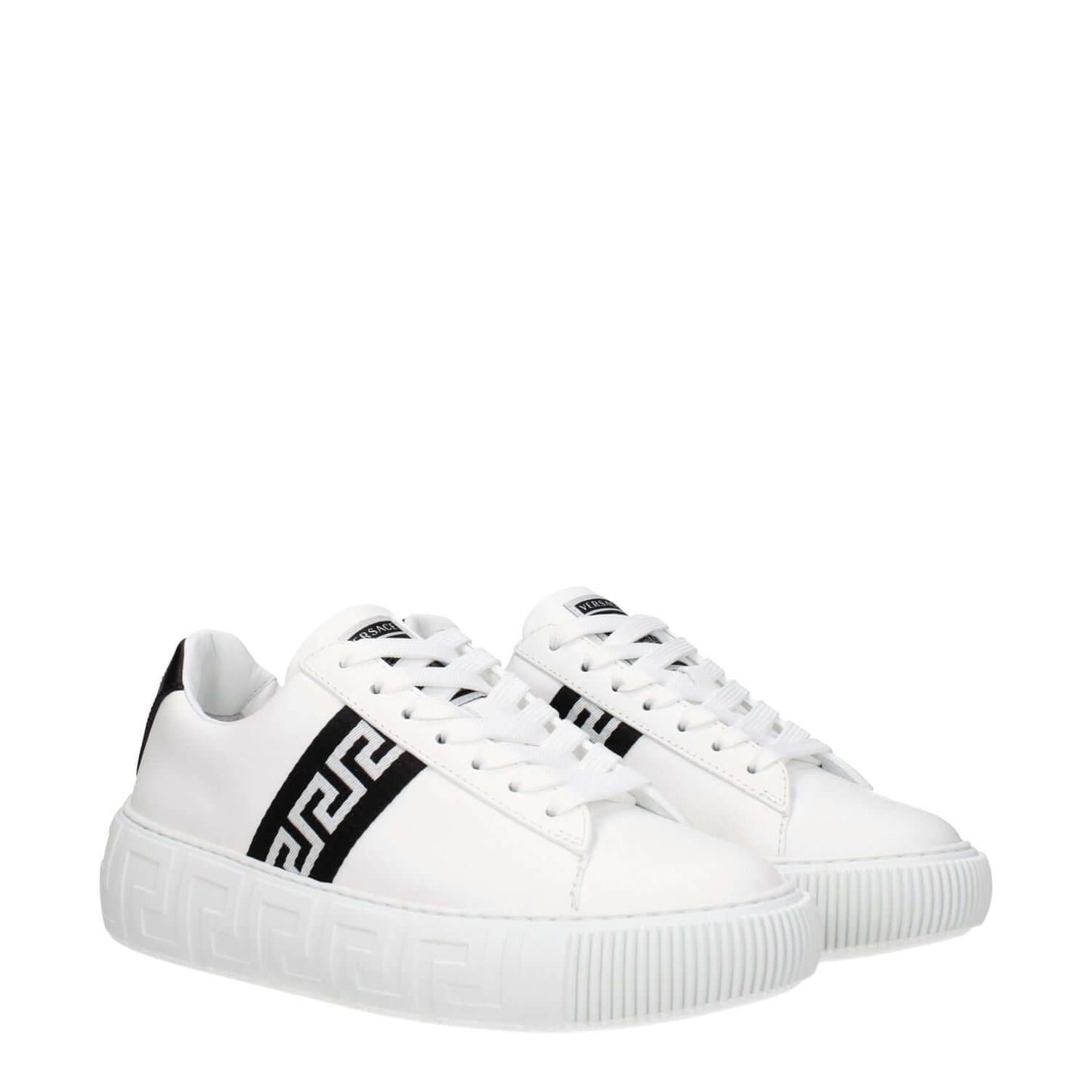 Versace White Leather Low Top Sneakers with black detailing and logo, lace-up closure, rubber sole, casual style, MPN 10041841A007752W020.