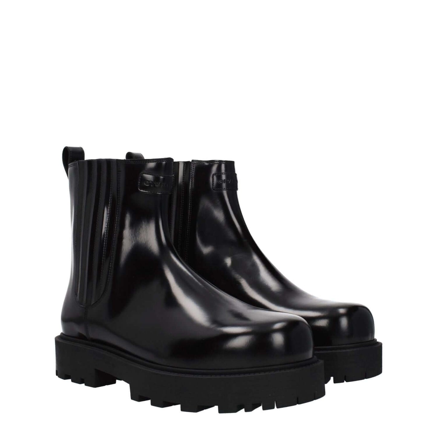 Givenchy Black Leather Ankle Boots with rubber sole and mid heels, featuring front and back logo, round toe design.