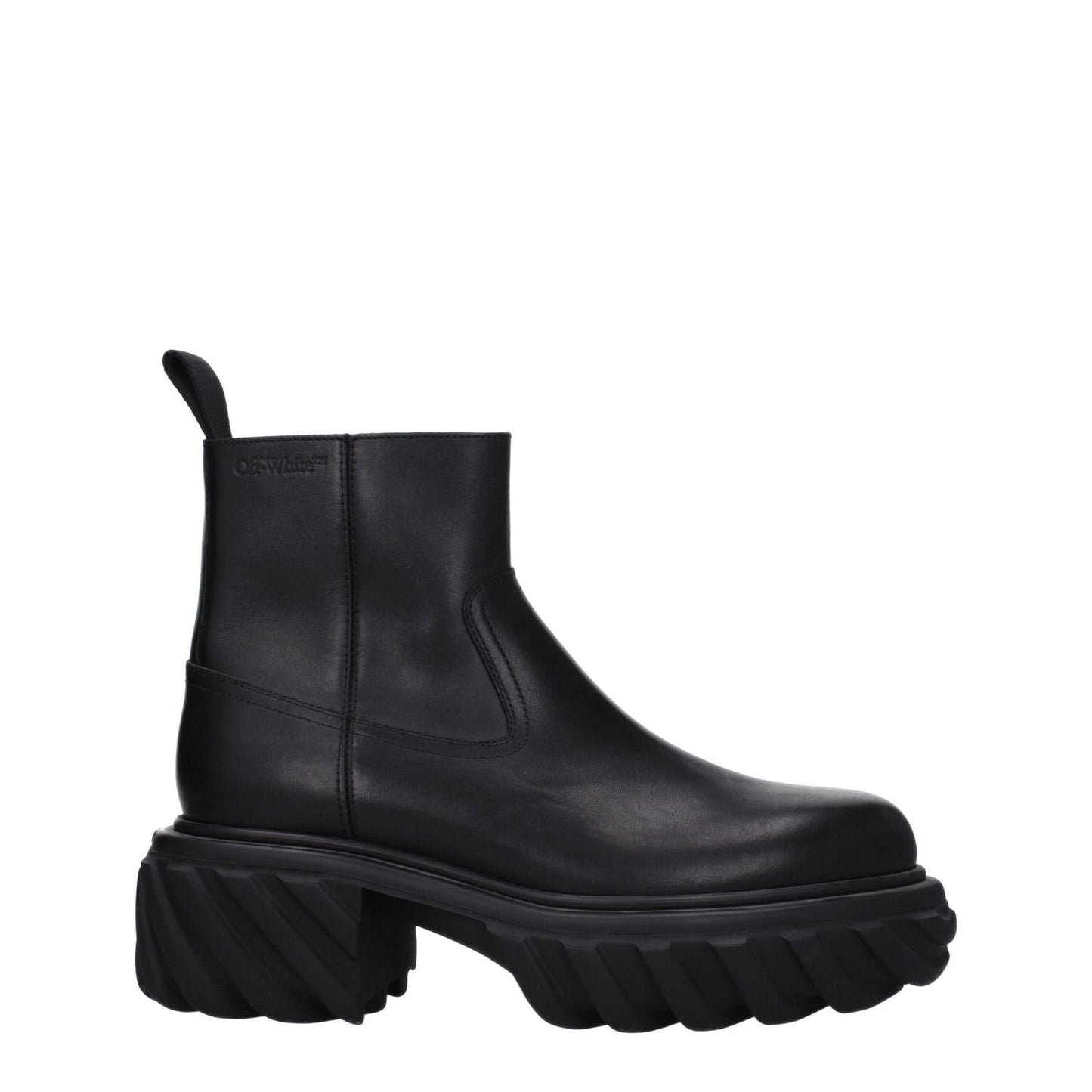 Off-White Black Leather Ankle Boots with side logo and zip closure, featuring a rubber sole and 6 cm mid heels, casual style.