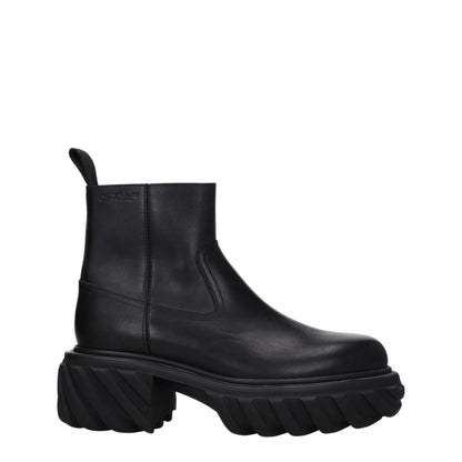 Off-White Black Leather Ankle Boots with side logo and zip closure, featuring a rubber sole and 6 cm mid heels, casual style.