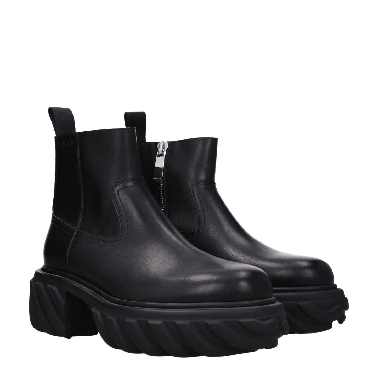 Off-White Black Leather Ankle Boots with zip closure and rubber sole, featuring mid heels and round toe design for casual style.
