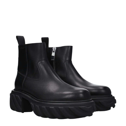 Off-White Black Leather Ankle Boots with zip closure and rubber sole, featuring mid heels and round toe design for casual style.