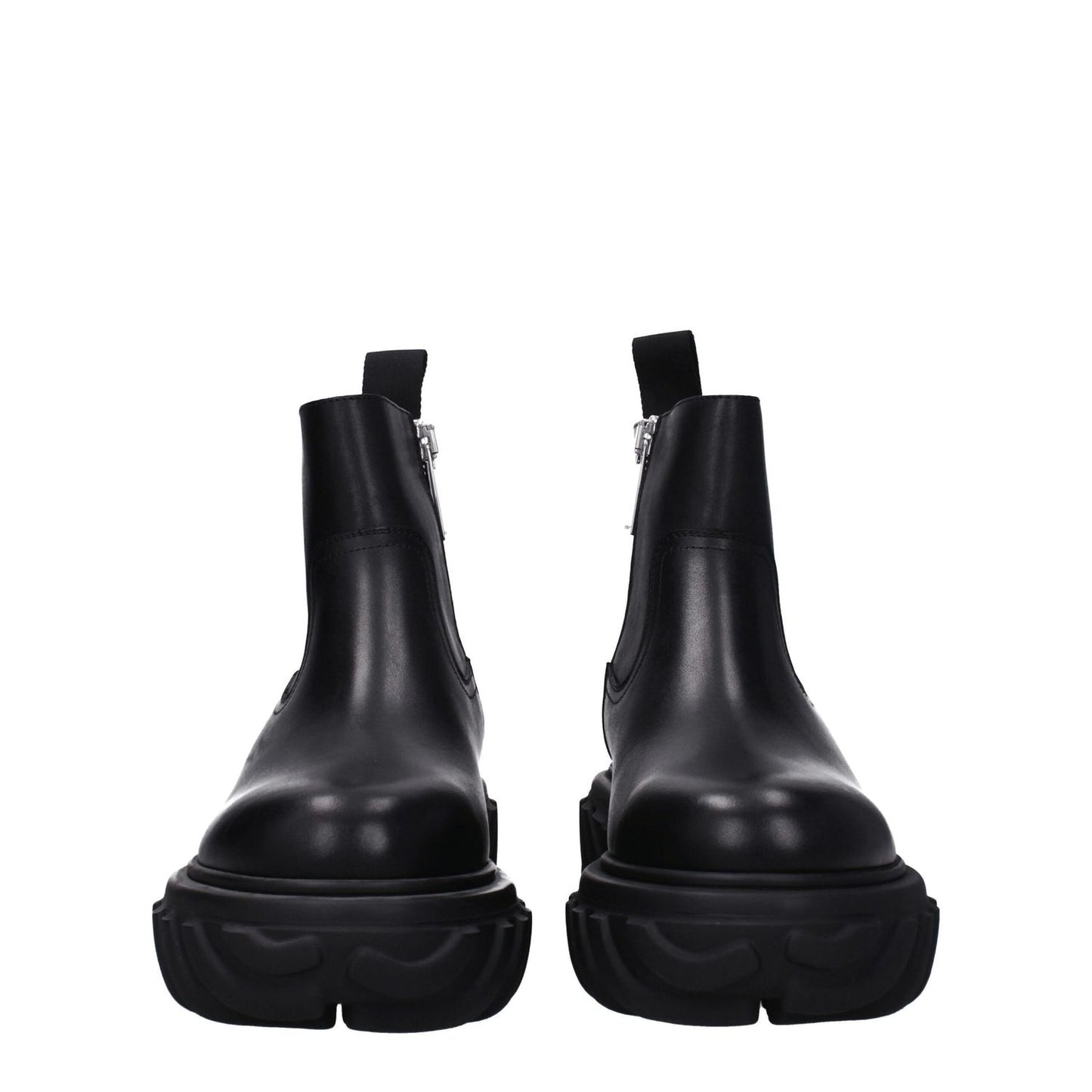 Off-White Black Leather Ankle Boots with zip closure and side logo, featuring rubber sole, mid heels, and round toe design.
