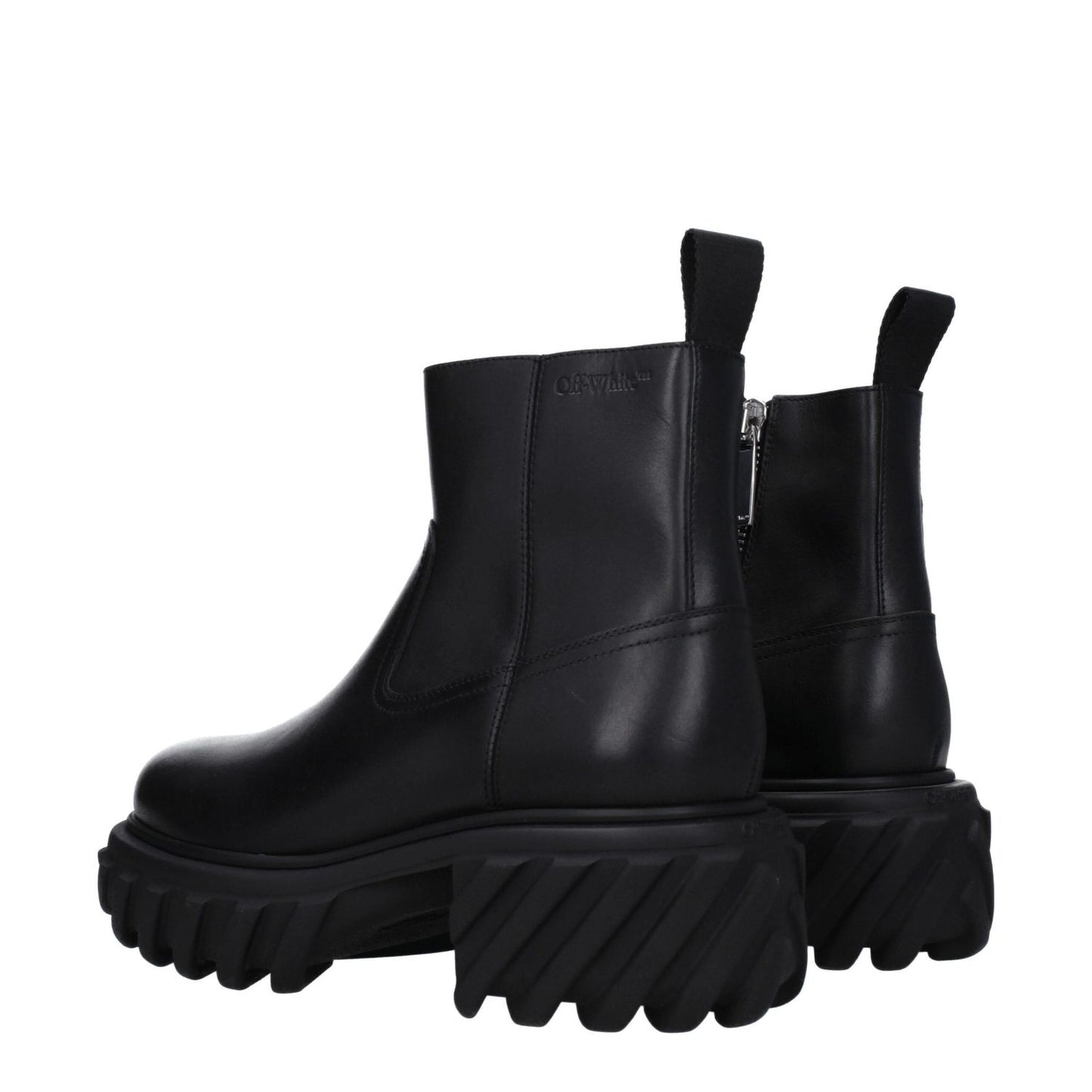 Off-White Black Leather Ankle Boots with rubber sole and zip closure, featuring a mid heel and round toe for casual style.