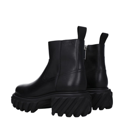 Off-White Black Leather Ankle Boots with rubber sole and zip closure, featuring a mid heel and round toe for casual style.