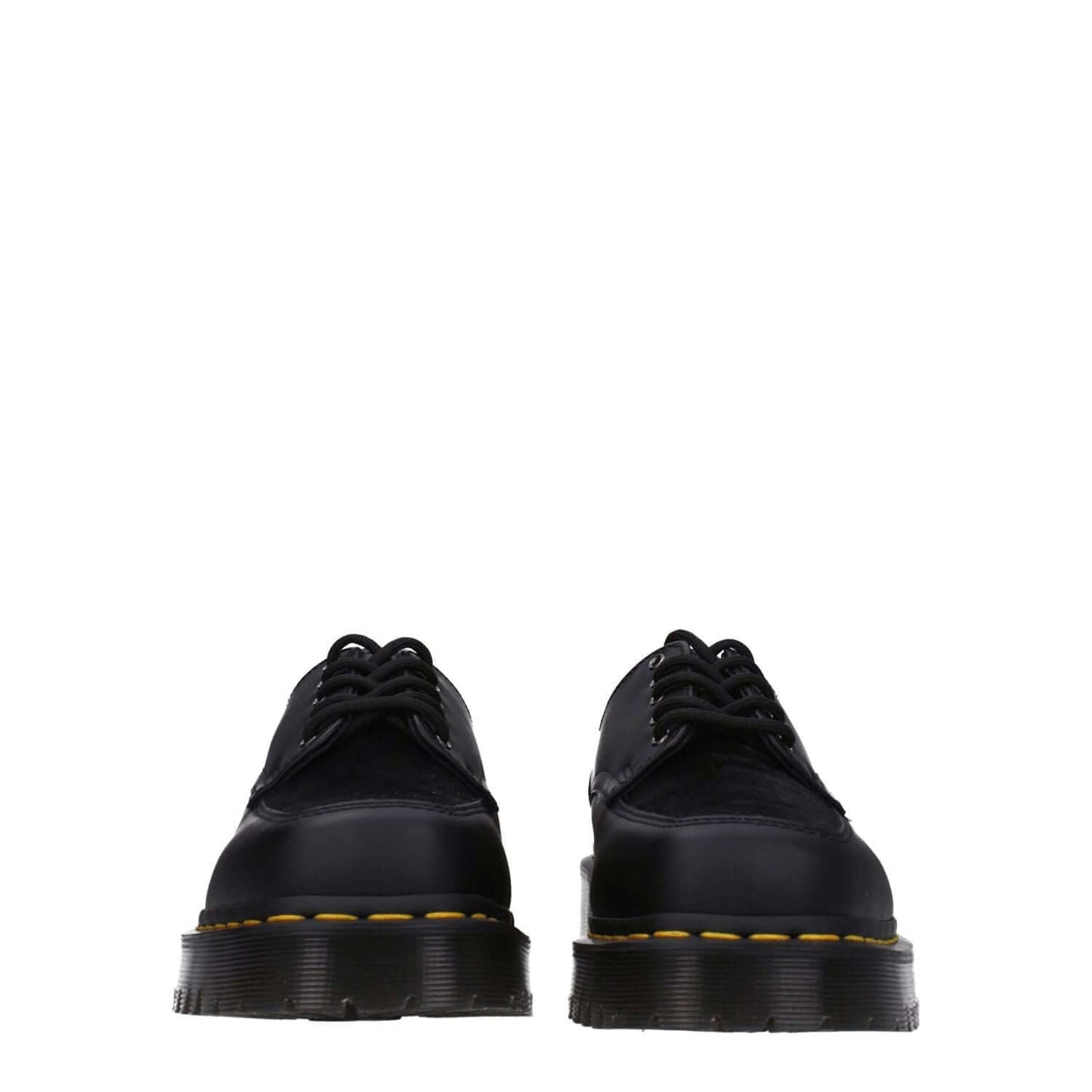 Dr. Martens Black Leather Oxfords And Derbies, casual style, square toe, rubber sole, lace up closure, side view.