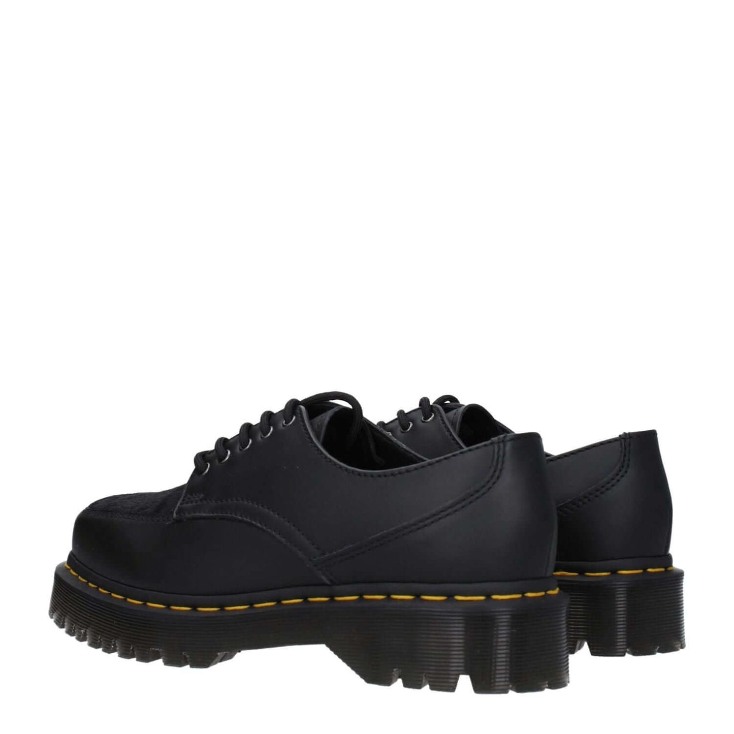 Dr. Martens Black Leather Oxfords And Derbies with lace up design, rubber sole, and square toe, featuring mid heels in a casual style.