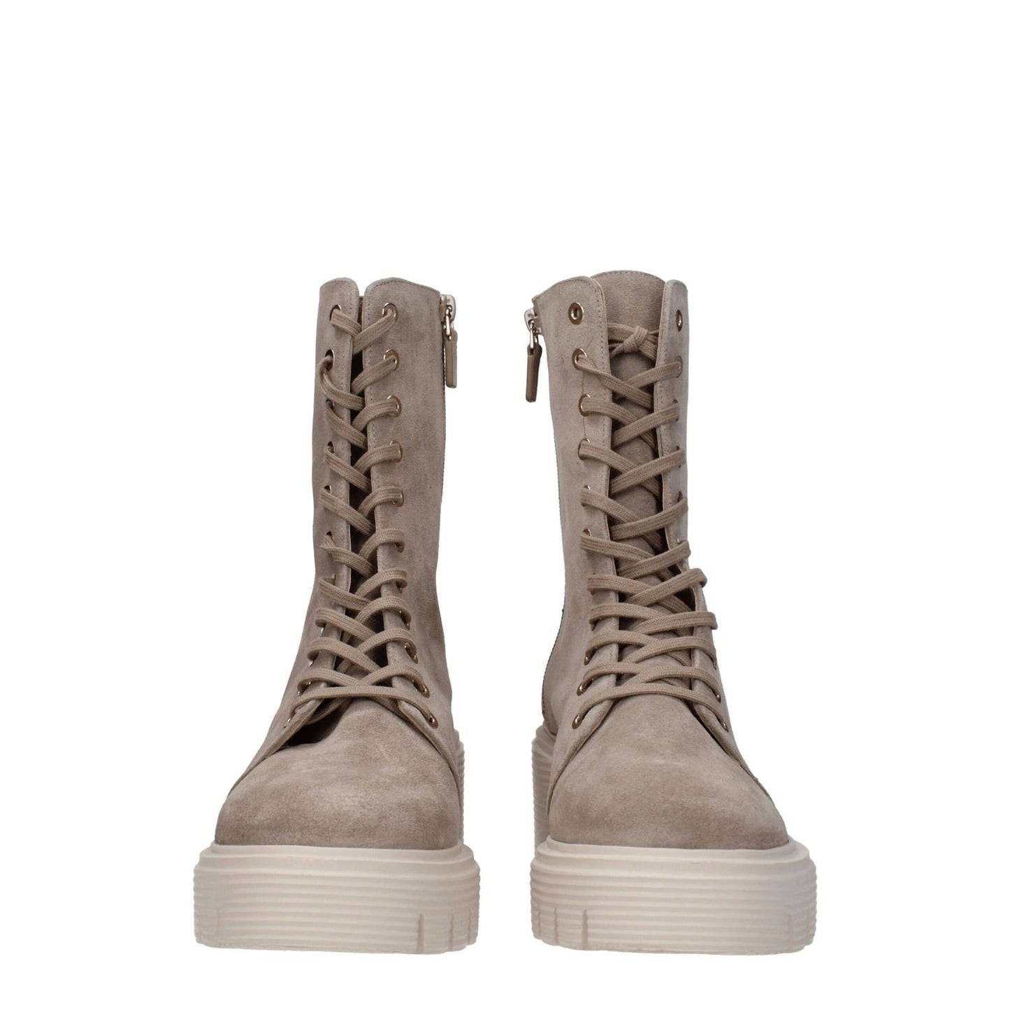 Stuart Weitzman Beige Leather Ankle Boots with lace-up closure, mid heels, and rubber sole. Suede material, vintage style.