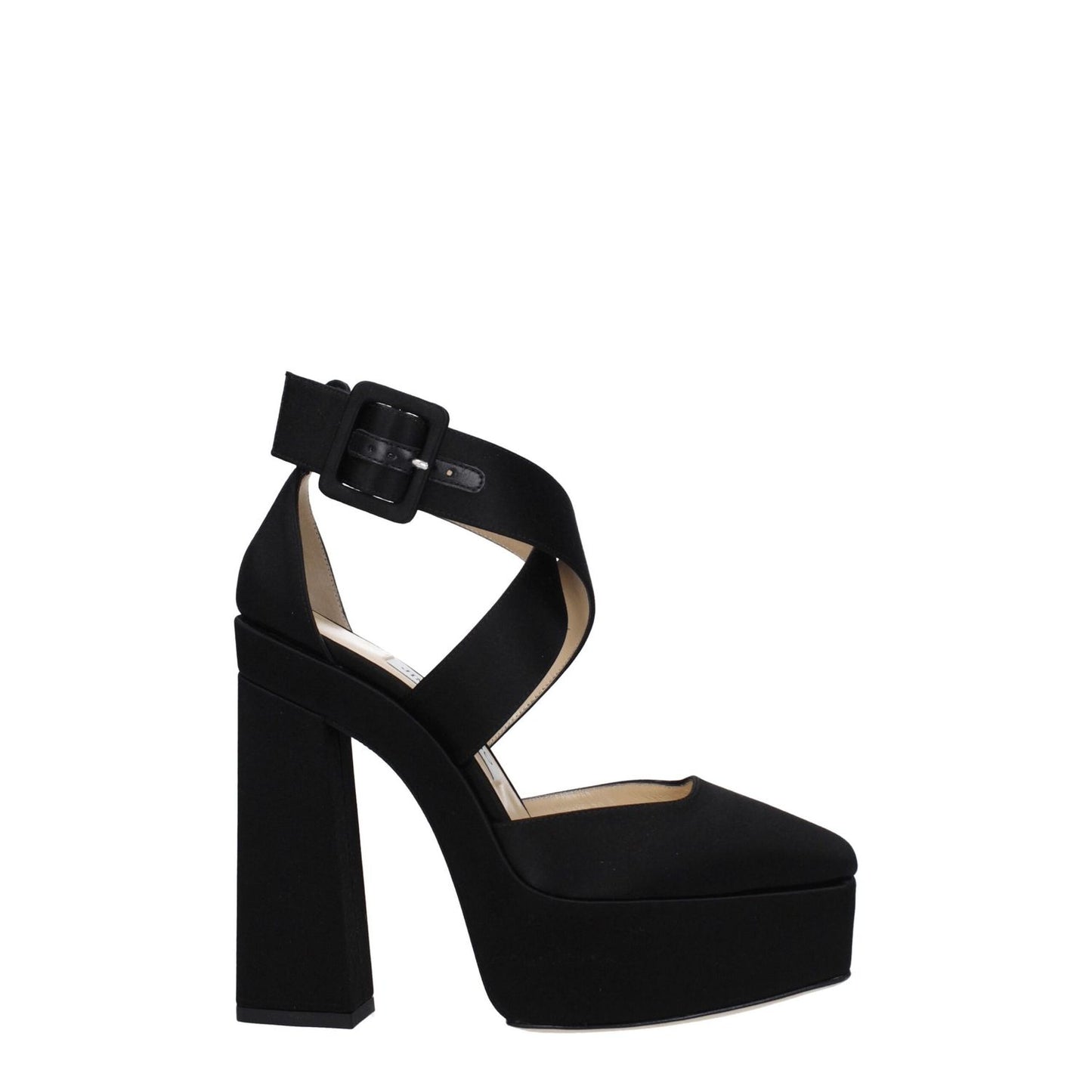 Jimmy Choo Black Satin Platform Sandals with buckle closure, high heel, and square toe in leather material. MPN GIAN140SATBLACK, F79346.