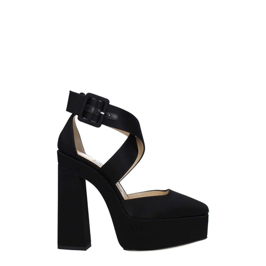 Jimmy Choo Black Satin Platform Sandals with buckle closure, high heel, and square toe in leather material. MPN GIAN140SATBLACK, F79346.