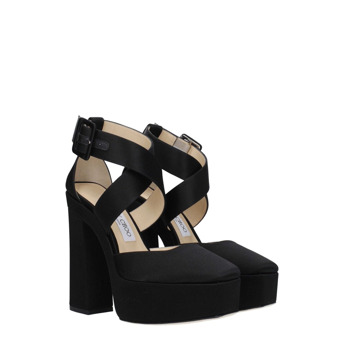 Jimmy Choo Black Satin Platform Sandals with high heel, square toe, and buckle closure, MPN GIAN140SATBLACK, casual style.