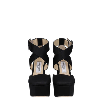 Jimmy Choo Black Satin Platform Sandals with buckle closure, leather sole, high heel, and square toe, MPN GIAN140SATBLACK.