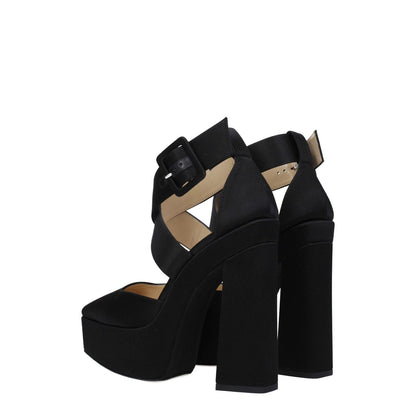 Jimmy Choo Black Satin Platform Sandals with high heel and buckle closure, made of leather and featuring a square toe design.