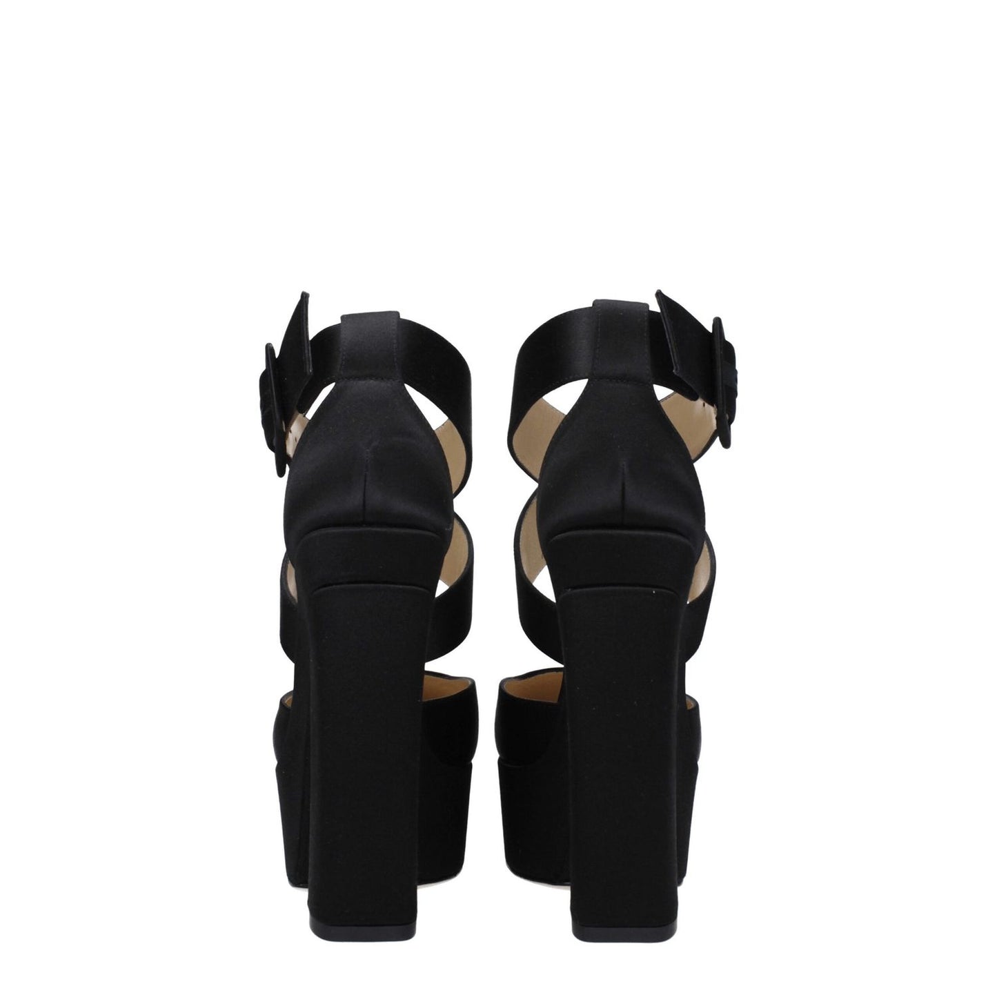 Rear view of Jimmy Choo Black Satin Platform Sandals with high heel and buckle closure, showing square toe design.