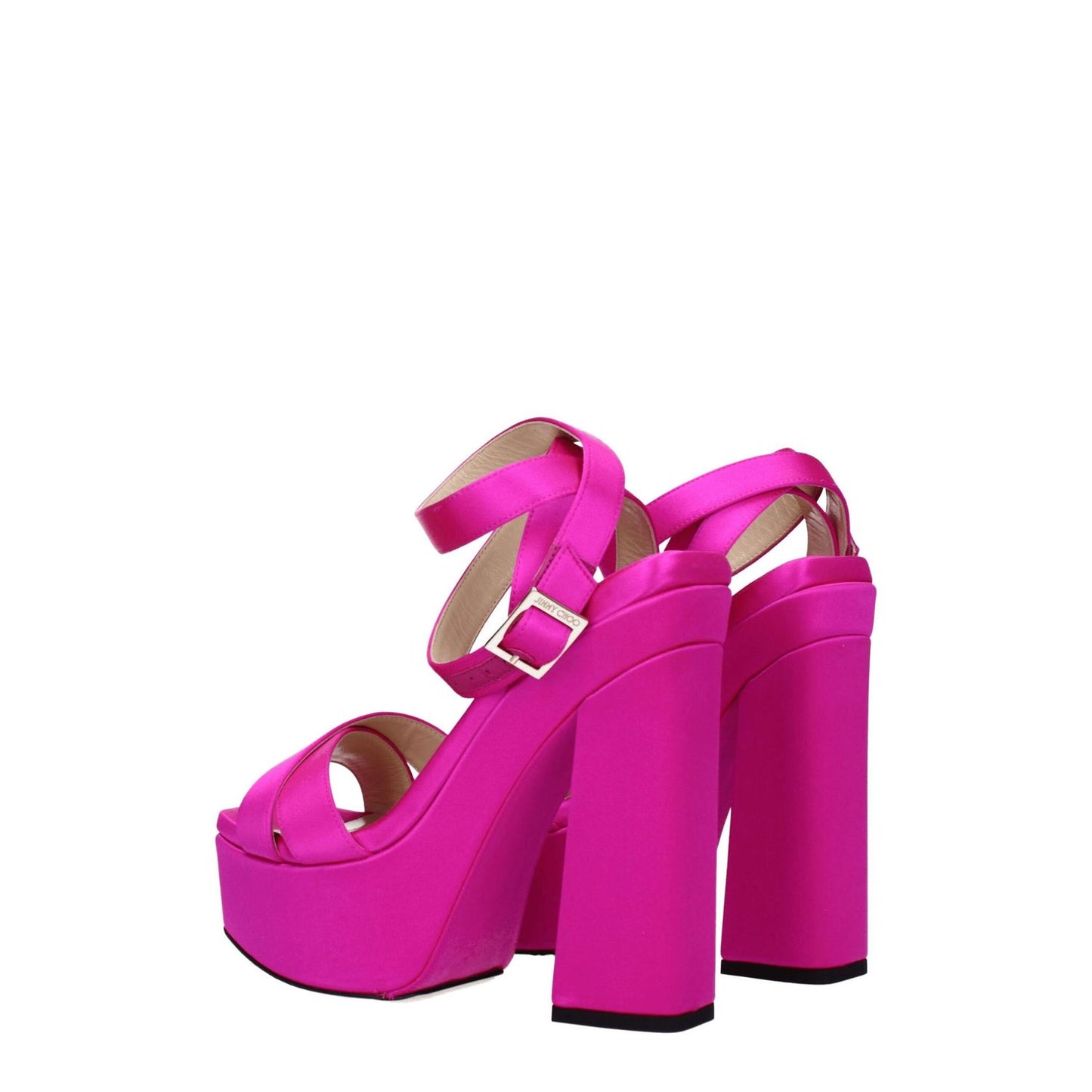 Jimmy Choo Pink Satin Platform Sandals in fuchsia with high heels and buckle closure.