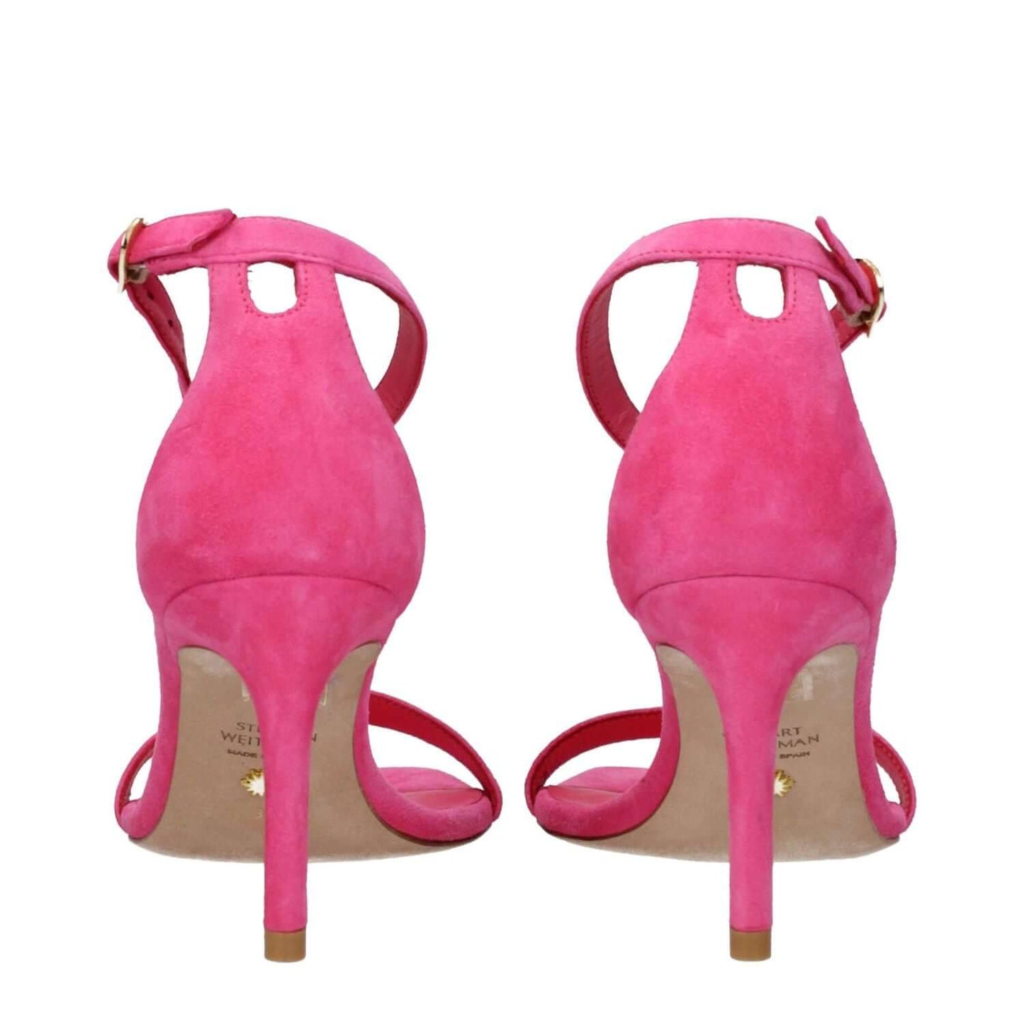 Back view of Stuart Weitzman Pink Leather Stiletto Heel Sandals with buckle closure and open toe design, high heel style.