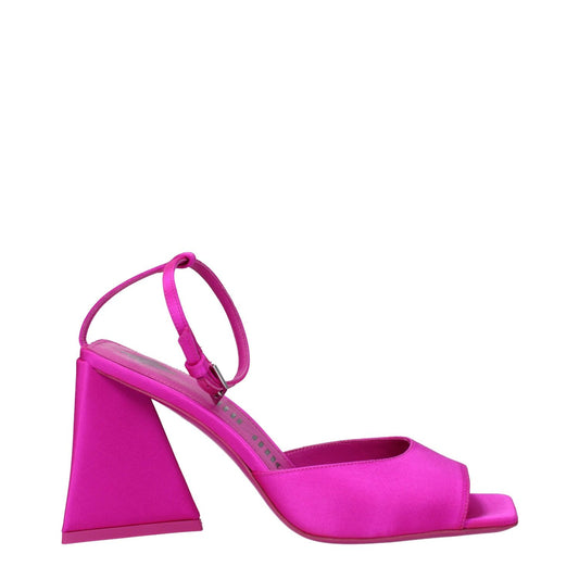The Attico Pink Satin Stiletto Heel Sandals with buckle closure, 8.5 cm mid heels, open toe design, fuchsia satin and leather sole.