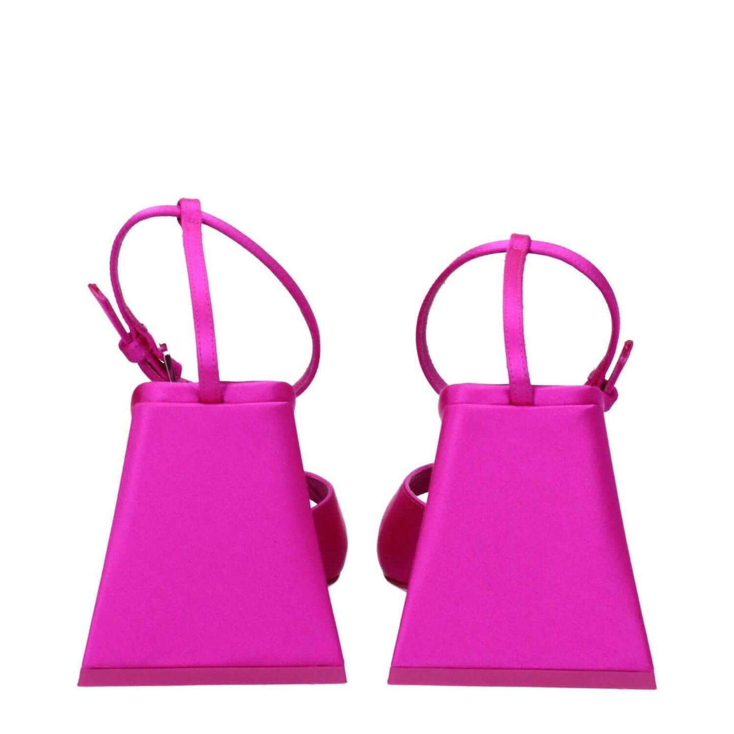 The Attico Pink Satin Stiletto Heel Sandals with open toe design and buckle closure, featuring a striking fuchsia satin finish and mid heels.