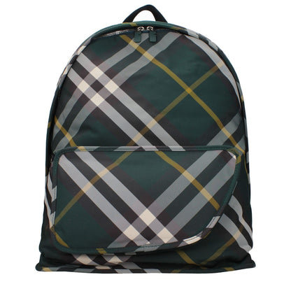 Burberry Green Fabric Large Backpack with adjustable straps, plaid pattern, and zip closure. Measures 33cm wide and 44cm high. Stylish design.