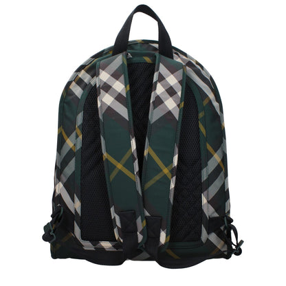 Burberry Green Fabric Large Backpack with back adjustable straps and plaid print, view of the rear side and strap details.