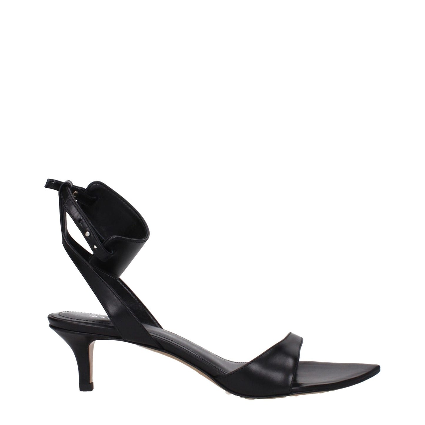 Isabel Marant Black Leather Sandals with buckle closure, open toe design, and mid heels, perfect for elegant occasions.