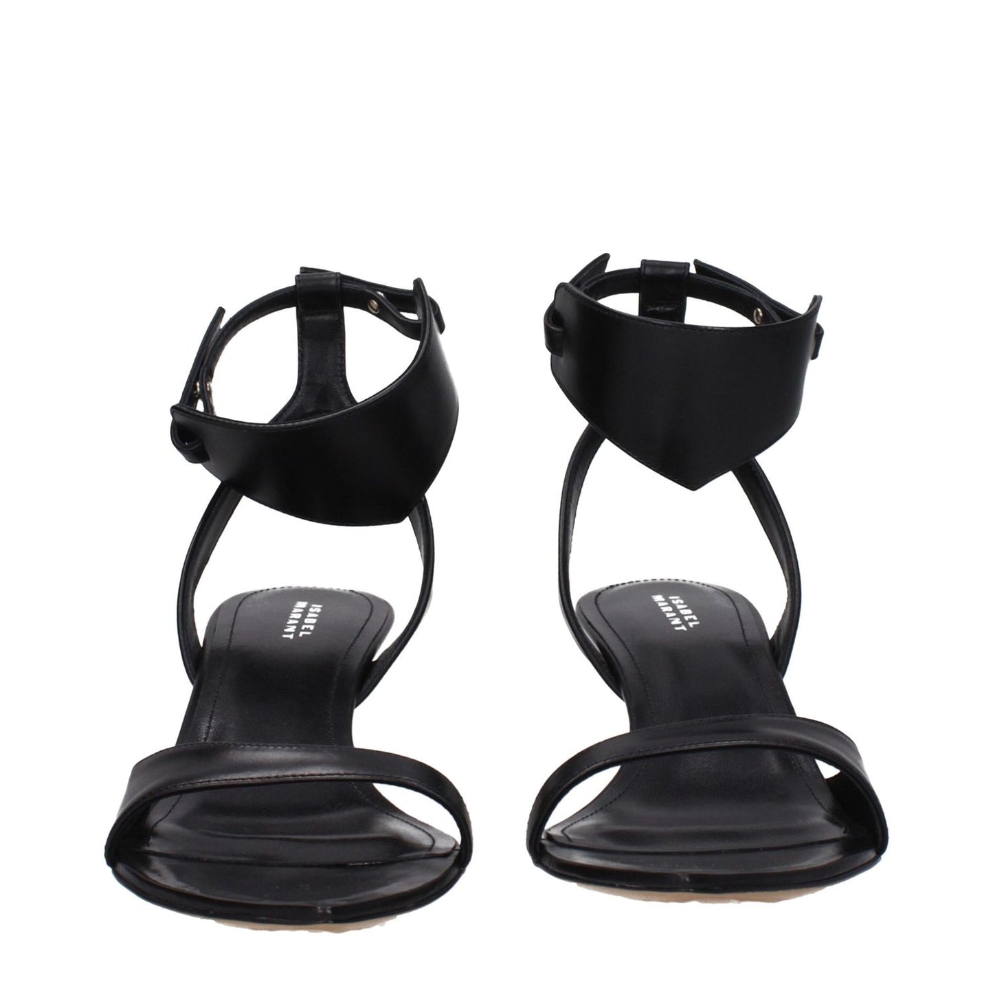 Isabel Marant Black Leather Sandals with buckle closure and mid heels, featuring a 6 cm height and open toe design.