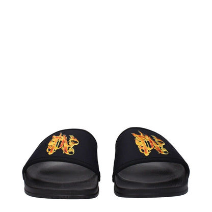 Palm Angels Black Fabric Slippers with front logo design and rubber sole, featuring open toe and low flat heel.