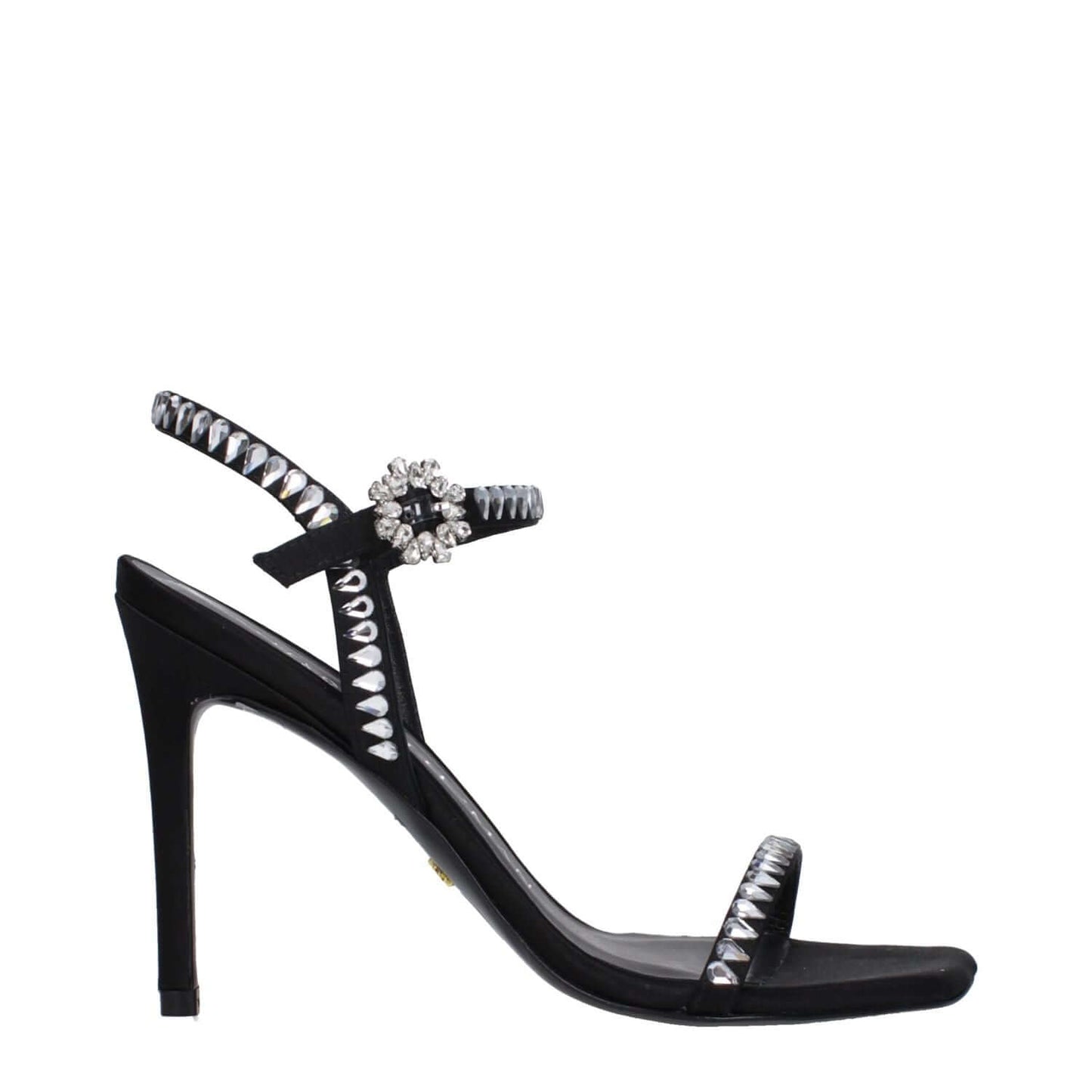 Stuart Weitzman Black Satin Stiletto Heel Sandals with rhinestones, featuring open toe and buckle closure, elegant design.