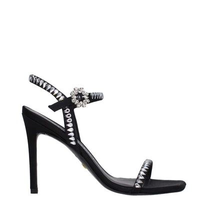 Stuart Weitzman Black Satin Stiletto Heel Sandals with rhinestones, featuring open toe and buckle closure, elegant design.