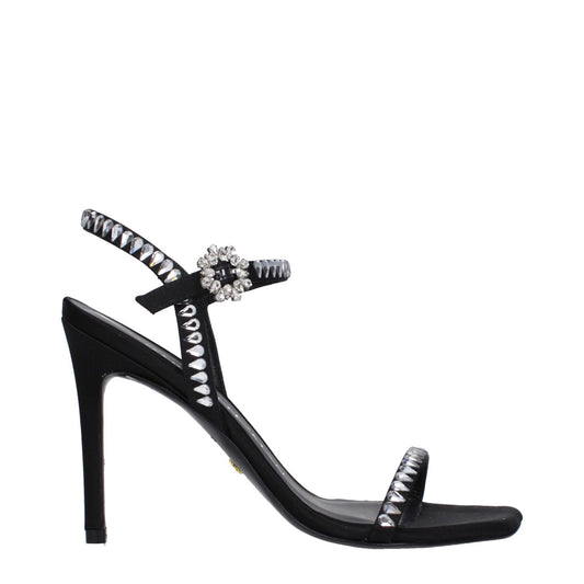 Stuart Weitzman Black Satin Stiletto Heel Sandals with rhinestones, featuring open toe and buckle closure, elegant design.