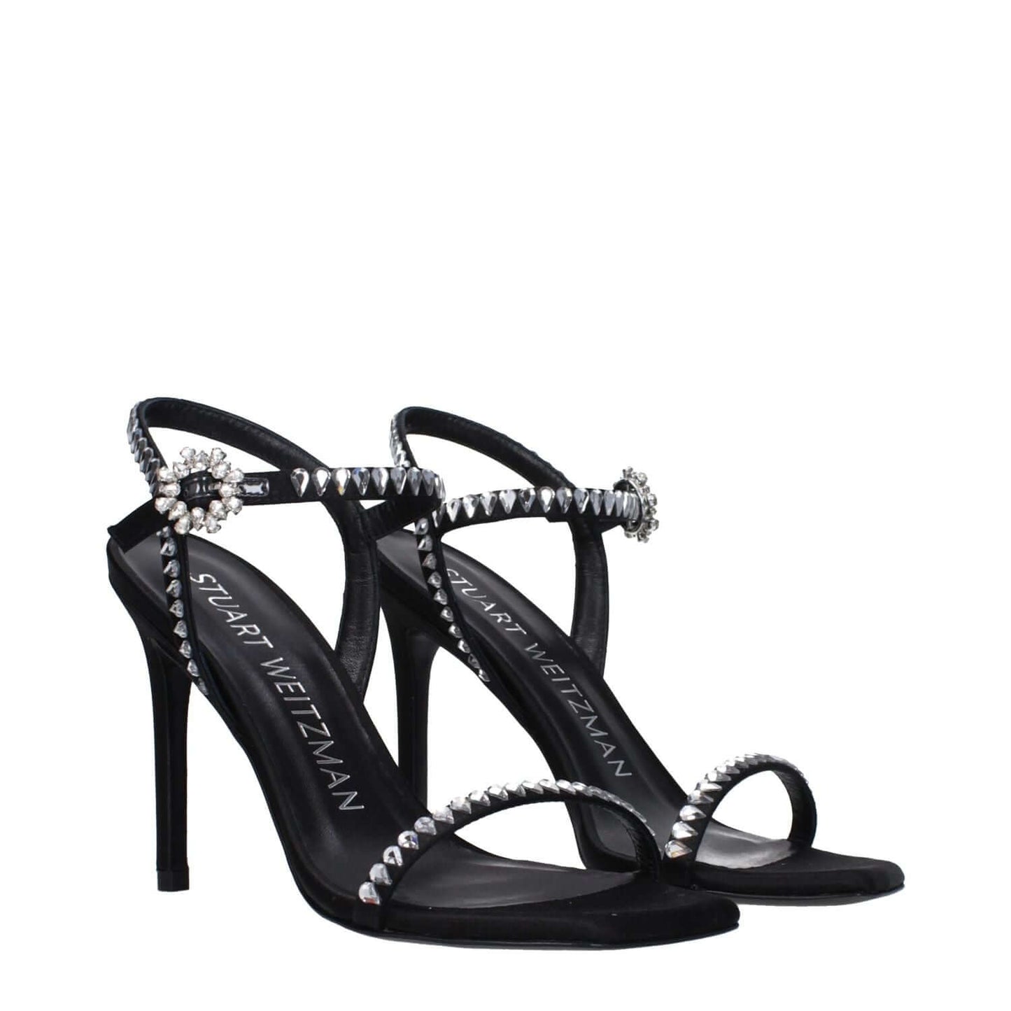 Stuart Weitzman Black Satin Stiletto Heel Sandals with rhinestone accents and buckle closure, 10 cm high heel, open toe design.