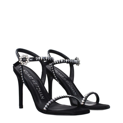 Stuart Weitzman Black Satin Stiletto Heel Sandals with rhinestone accents and buckle closure, 10 cm high heel, open toe design.