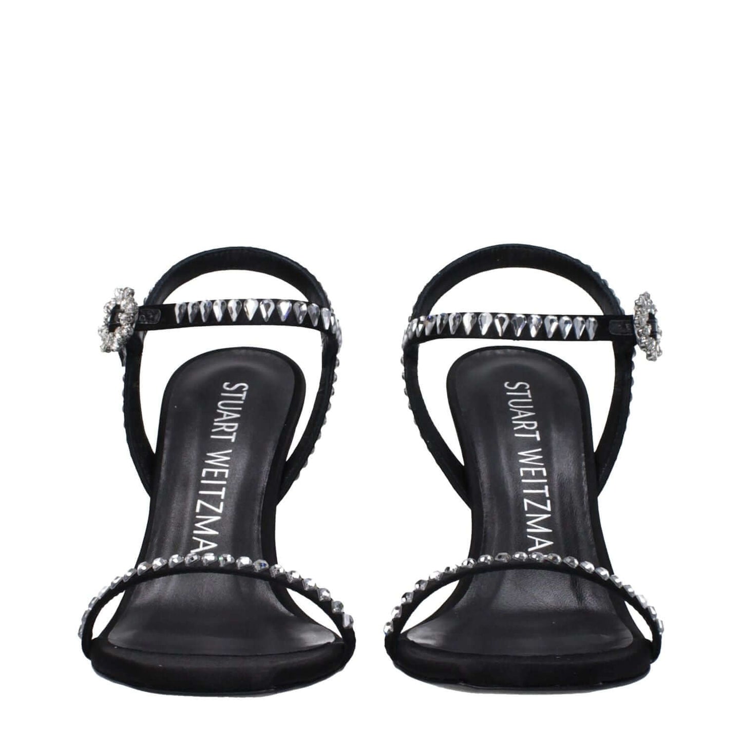 Stuart Weitzman Black Satin Stiletto Heel Sandals with rhinestones and buckle closure, stylish open toe design, 10 cm high heel.