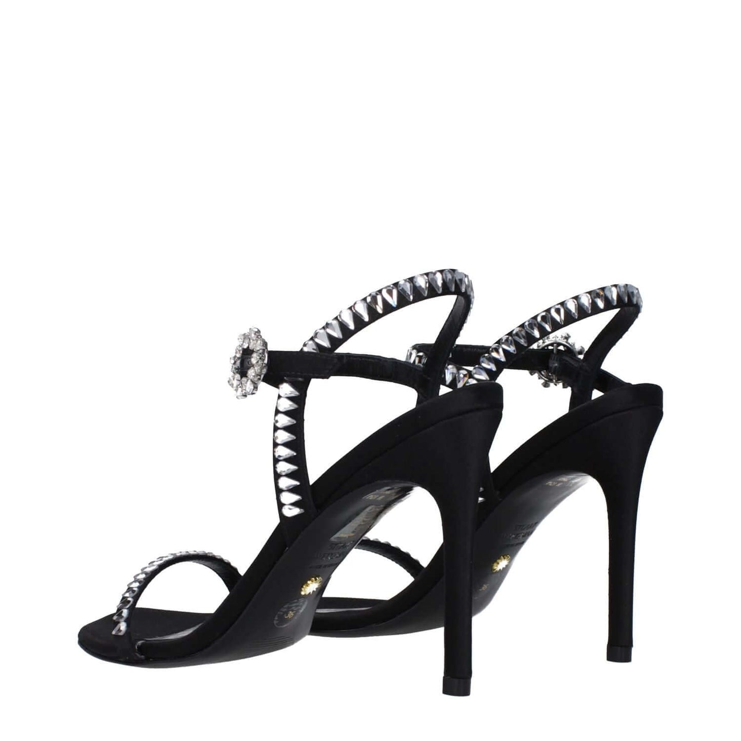 Stuart Weitzman Black Satin Stiletto Heel Sandals with rhinestones, open toe and buckle closure, heel height 10 cm.